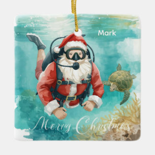 Scuba Christmas Santa Claus diving with turtle Ceramic Ornament