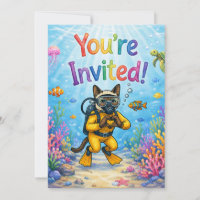 Scuba Diver Cat Birthday You’re Invited Underwater