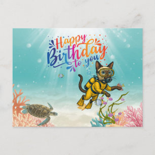 Scuba Diver Cat Happy Birthday under the sea Postcard