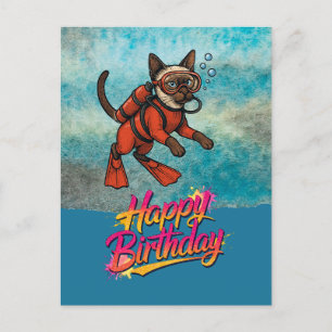 Scuba diver diving cat happy birthday postcard