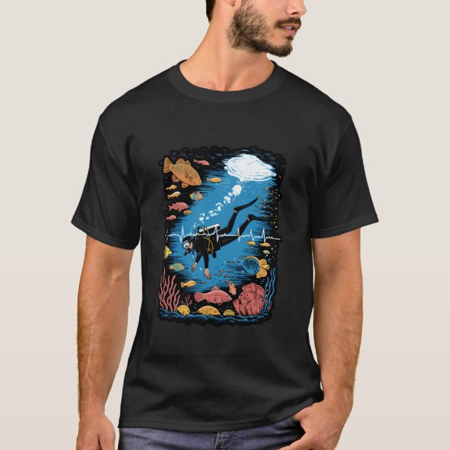 Scuba Diver Heartbeat Line Design T-Shirt (Front)