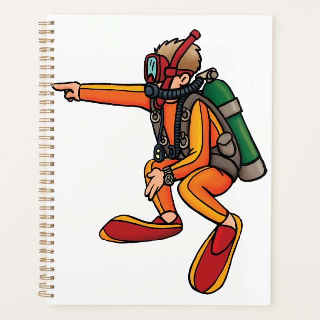 Scuba Diver in Orange Wetsuit Pointing Planner (Front)