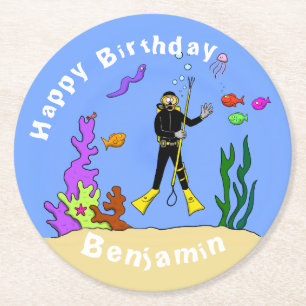 Scuba diver sea life cartoon round paper coaster