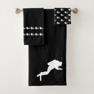 Scuba diver shark Bathroom Black white towel set