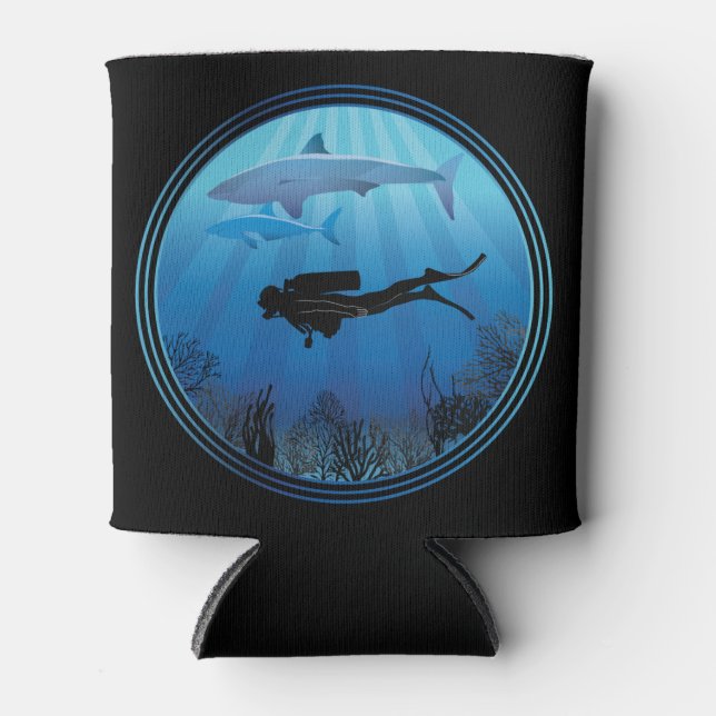Scuba Diver Shark Diving Can Cooler (Front)