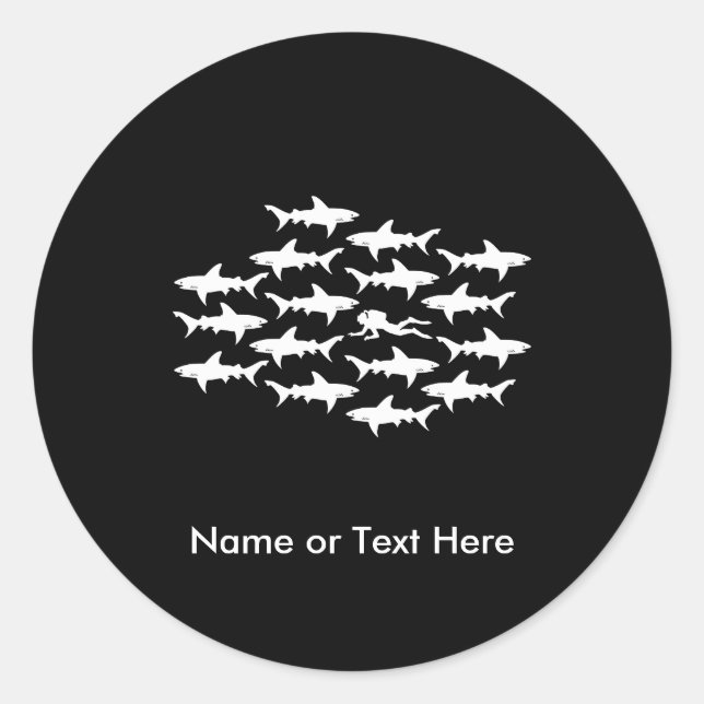 Scuba Diver Swimming with a School of Sharks Classic Round Sticker (Front)