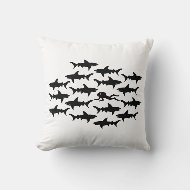 Scuba Diver Swimming with a School of Sharks Cushion (Front)