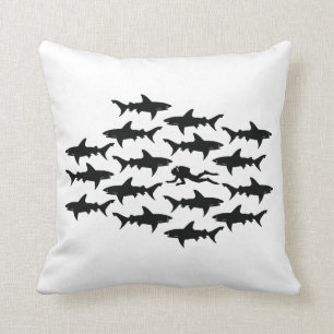 Scuba Diver Swimming with a School of Sharks Cushion