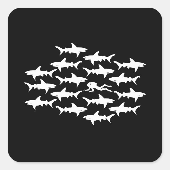 Scuba Diver Swimming with a School of Sharks Square Sticker (Front)