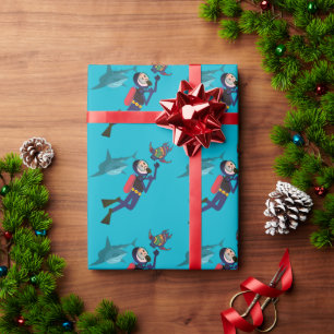 SCUBA DIVER SWIMMING WITH SHARKS AND TURTLE WRAPPI WRAPPING PAPER