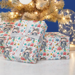 Scuba Diver Underwater Christmas Holiday Card Wrapping Paper
