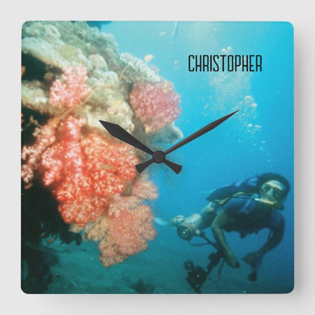Scuba Diving Personalised Square Wall Clock (Front)