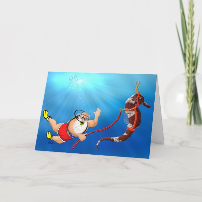 Scuba Diving Santa & Seahorse Christmas Card (Front)