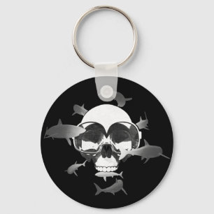 Scuba Diving Skull and Sharks Graphic Design Key Ring