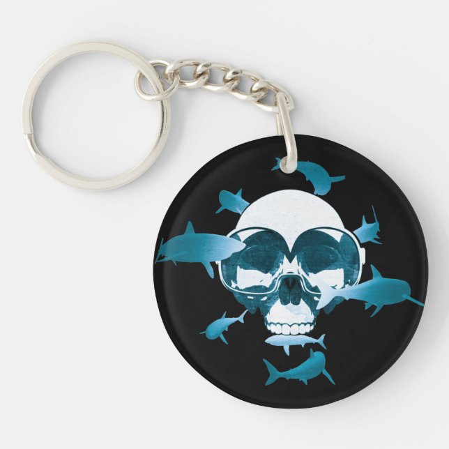 Scuba Diving Skull and Sharks Graphic Design Key Ring (Front)