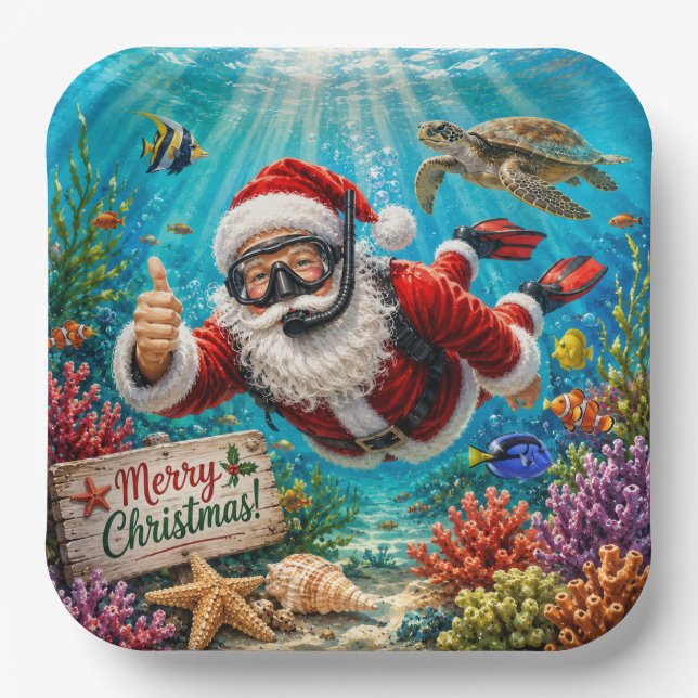 Scuba Santa Underwater Christmas Paper Plate (Front)