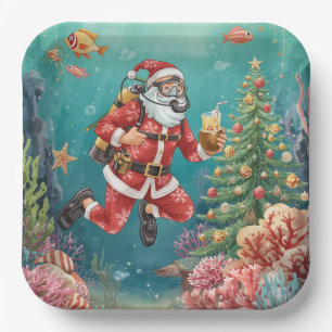 Scuba Santa Underwater Christmas Paper Plate