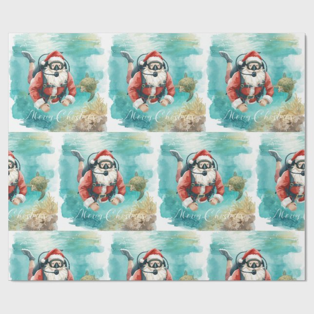 Scuba Santa Underwater Christmas Wrapping Paper (Flat)