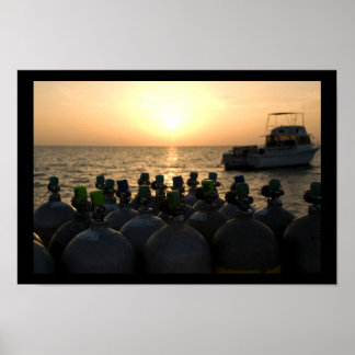 Scuba Tanks and Dive Boat at Sunrise Poster