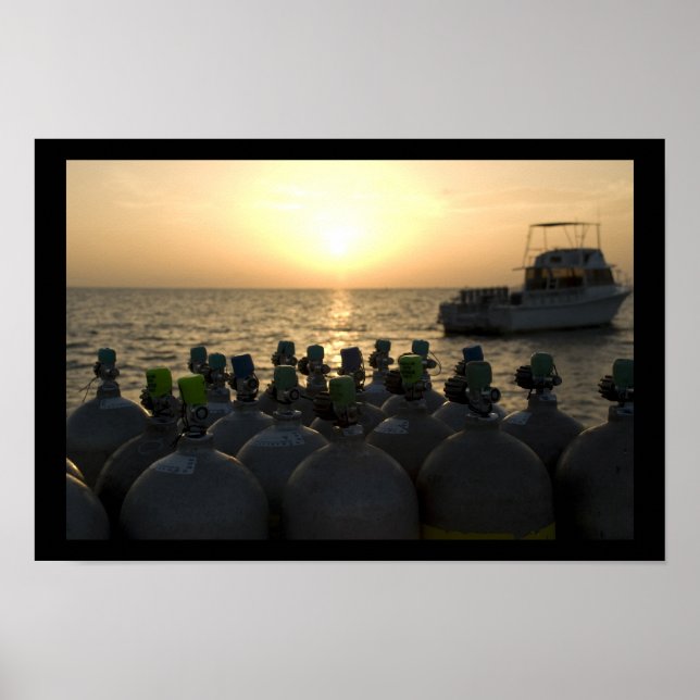 Scuba Tanks and Dive Boat at Sunrise Poster (Front)