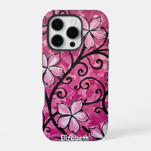 Sculpted Pink Flowers on Black Scrollwork iPhone 16 Pro Case