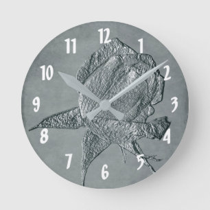 Sculpted Rose In Grey Flower Art Round Clock