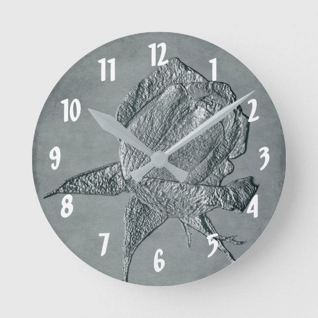 Sculpted Rose In Grey Flower Art Round Clock (Front)