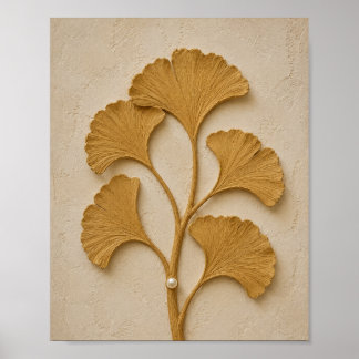 Sculptural Gold Ginkgo Leaf Wall Art Poster