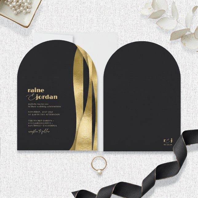 Sculptural Waves Wedding Gold Matte Black ID1312 Invitation (Creator Uploaded)