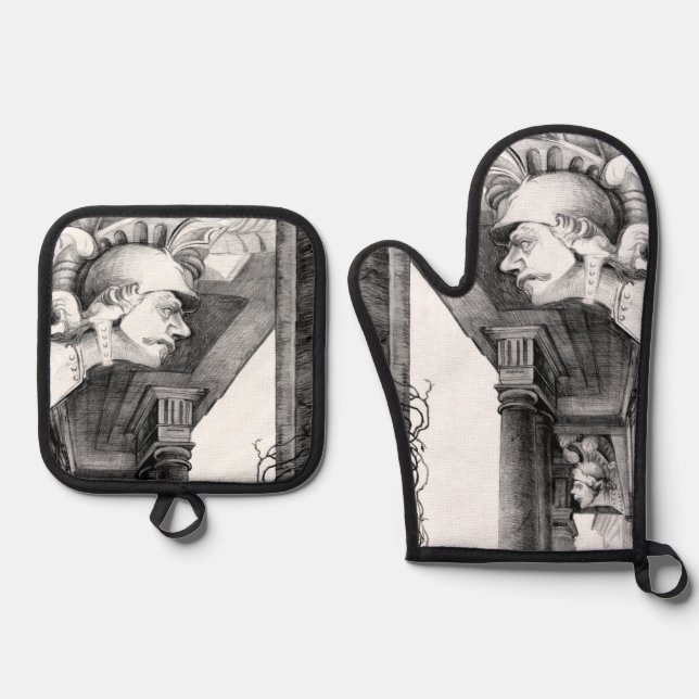 Sculpture of  castle  Pencil Art  Oven Mitt & Pot Holder Set (Front)