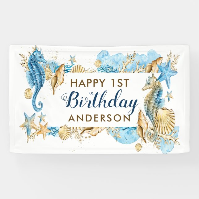 Sea and Beach Blue Gold Seahorse Birthday Party Banner (Horizontal)