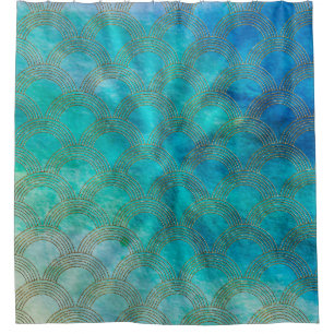 Sea and Mermaid Scales in aqua and gold Shower Curtain