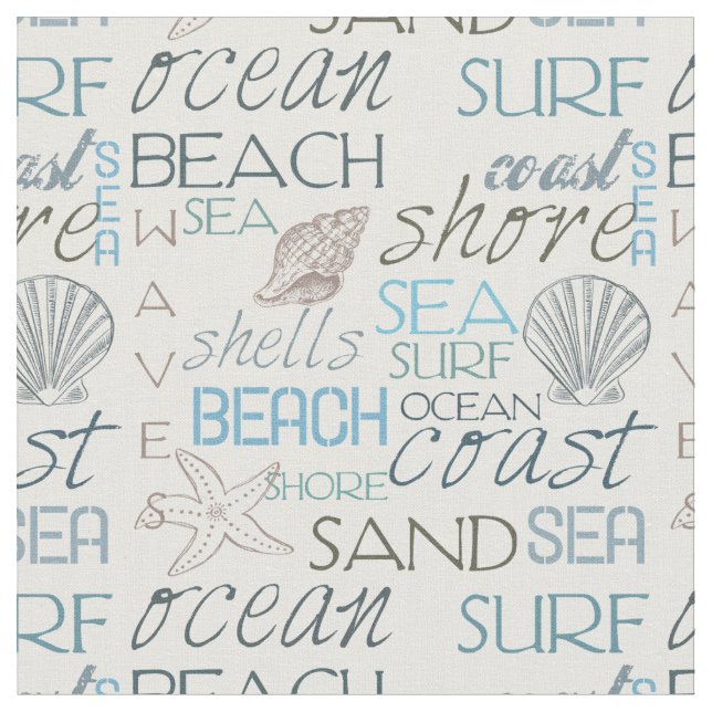 Sea and Surf Beach Typography and Shells Fabric (Close Up)
