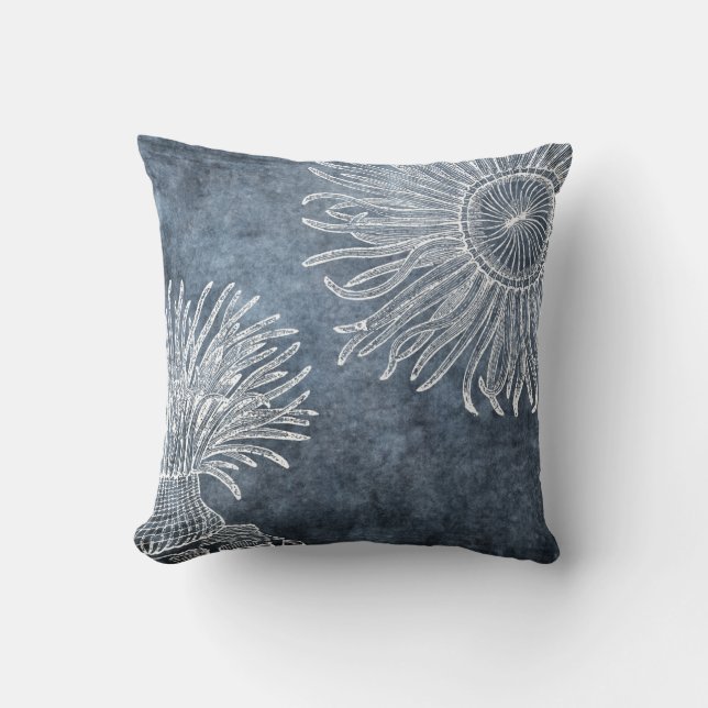 Sea Anemone Watercolor Ocean Navy Blue White Cushion (Front)