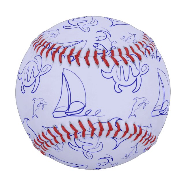 Sea animals and sailboat one line drawing pattern  baseball (Front)