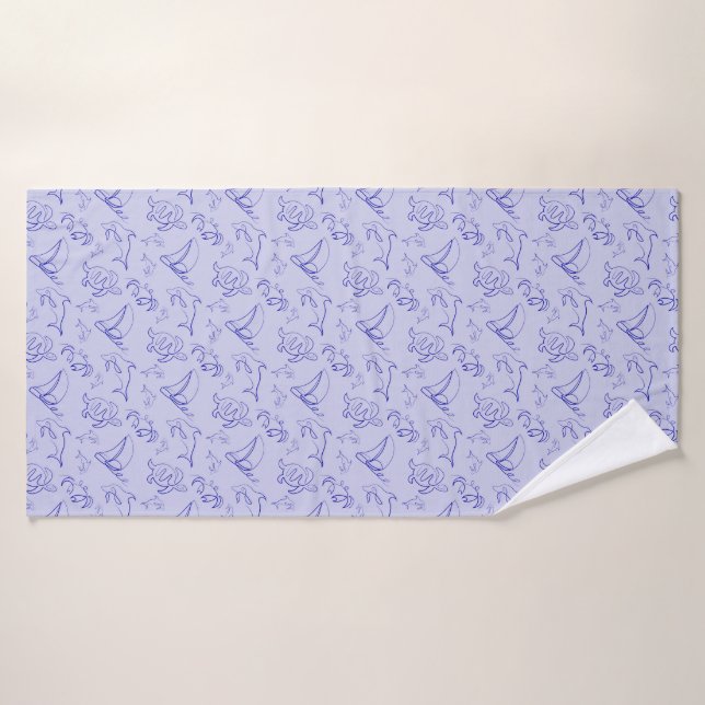 Sea animals and sailboat one line drawing pattern  bath towel (Bath Towel)