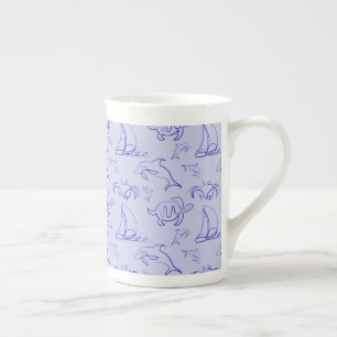 Sea animals and sailboat one line drawing pattern bone china mug