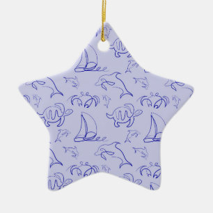 Sea animals and sailboat one line drawing pattern ceramic tree decoration