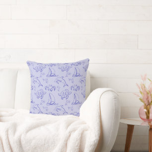 Sea animals and sailboat one line drawing pattern cushion