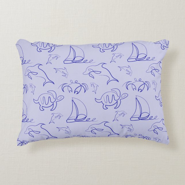 Sea animals and sailboat one line drawing pattern  decorative cushion (Front)