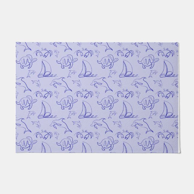 Sea animals and sailboat one line drawing pattern  doormat (Front)