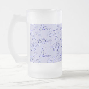 Sea animals and sailboat one line drawing pattern  frosted glass beer mug