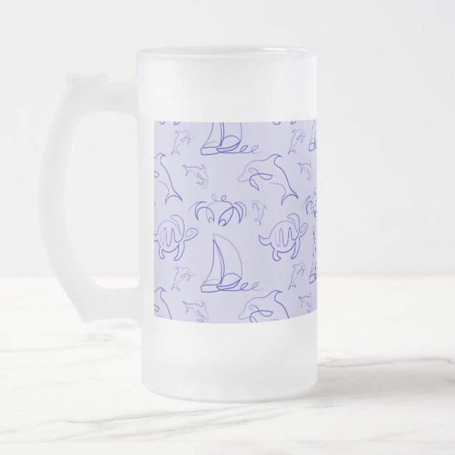 Sea animals and sailboat one line drawing pattern  frosted glass beer mug (Left)