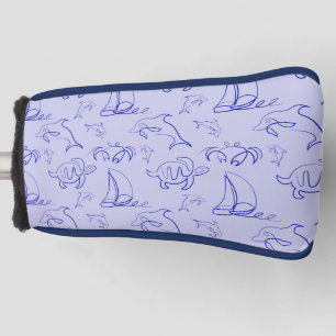 Sea animals and sailboat one line drawing pattern  golf head cover