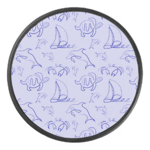 Sea animals and sailboat one line drawing pattern hockey puck