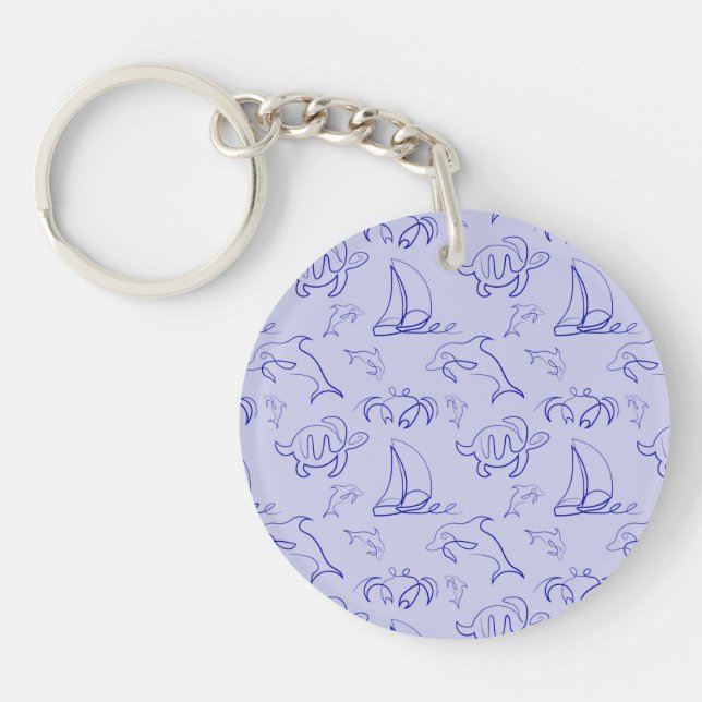 Sea animals and sailboat one line drawing pattern  key ring (Front)