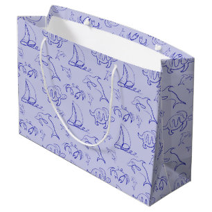 Sea animals and sailboat one line drawing pattern large gift bag
