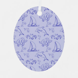 Sea animals and sailboat one line drawing pattern metal tree decoration