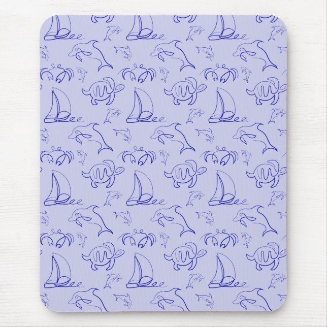 Sea animals and sailboat one line drawing pattern  mouse pad (Front)