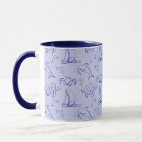 Sea animals and sailboat one line drawing pattern
